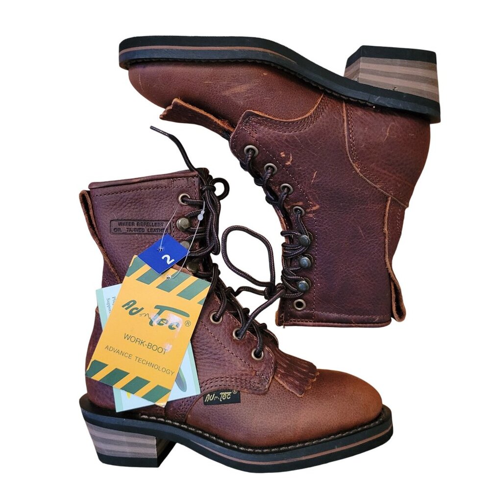 Ad Tec Girls 2 Brown Leather Packer‎ Boots Stacked Heel Water Repellant 4173
